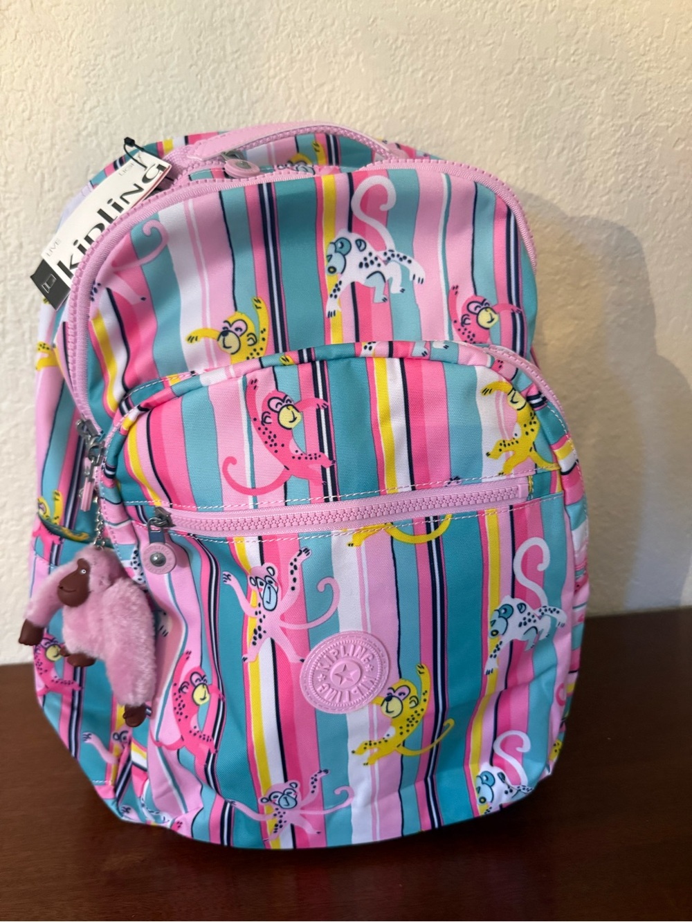 Kipling Pink Teal Multi-Color Striped Monkey Backpack